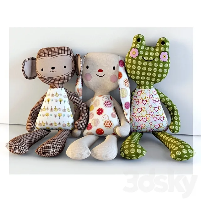 Textile toys: monkey hare frog 3D Model