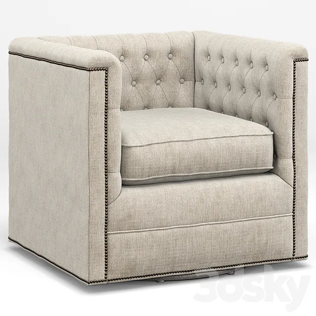 Thatcher Modern Classic Tufted Ivory Linen Swivel Armchair 3D Model