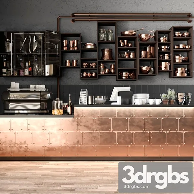 The Bar Counter In The Restaurant With A Copper Decor and A Coffee Machine Tableware 3D Model Download