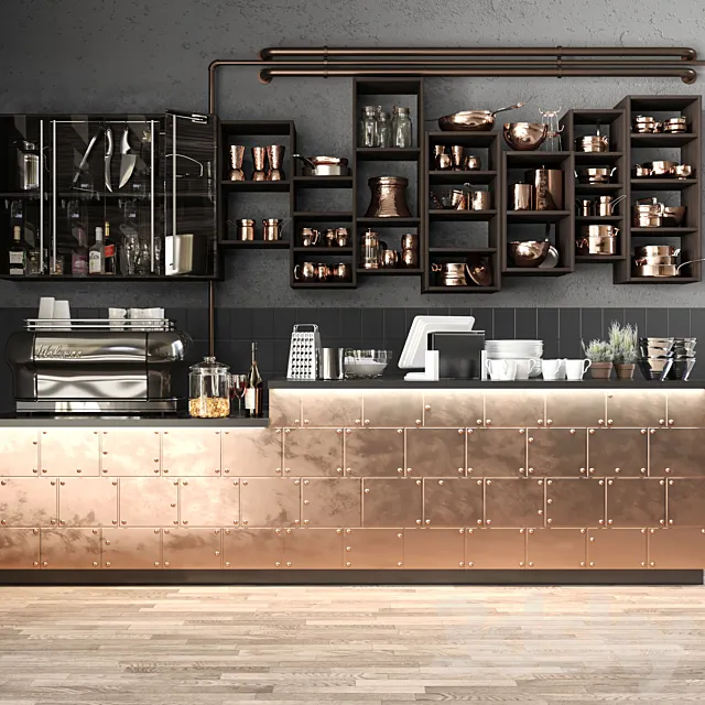 The bar counter in the restaurant with a copper decor and a coffee machine. Tableware 3DModel