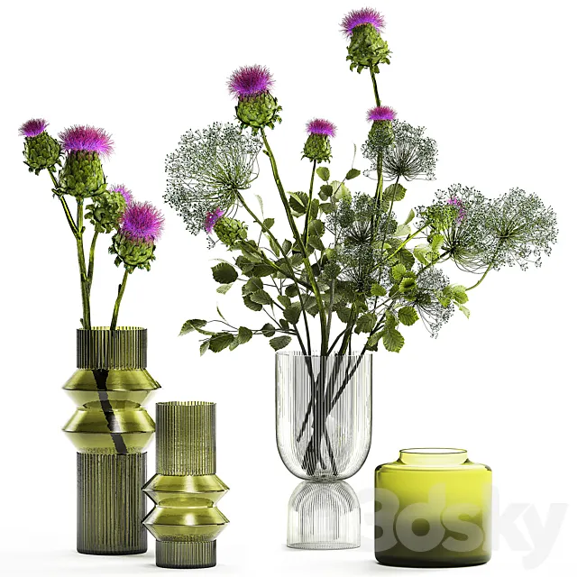 The collection is a decorative set of bouquets in modern glass green vases with thorn branches thistle hogweed leaves. Set 290. 3D Model The collection is a decorative set of bouquets in modern glass green vases with thorn branches thistle hogweed leaves. Set 290. 3D Model