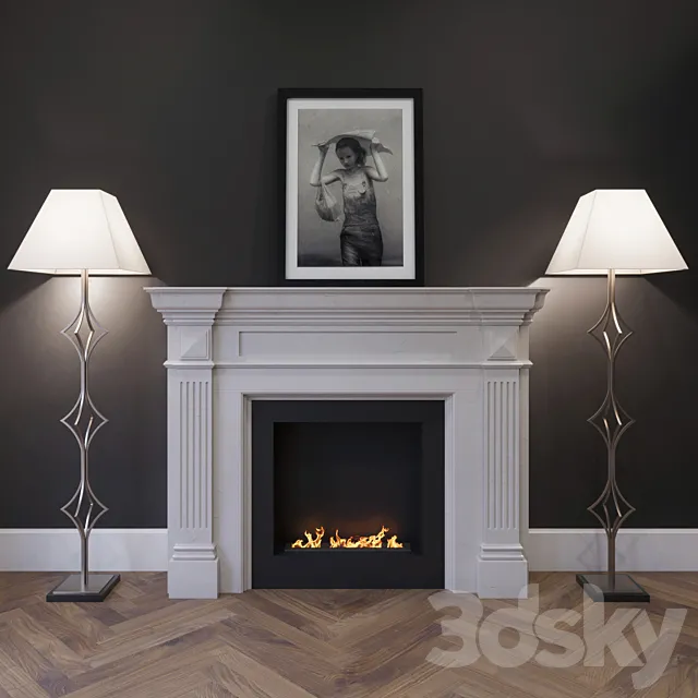 The fireplace is marble with a biotope floor lamps and a picture. 3D Model