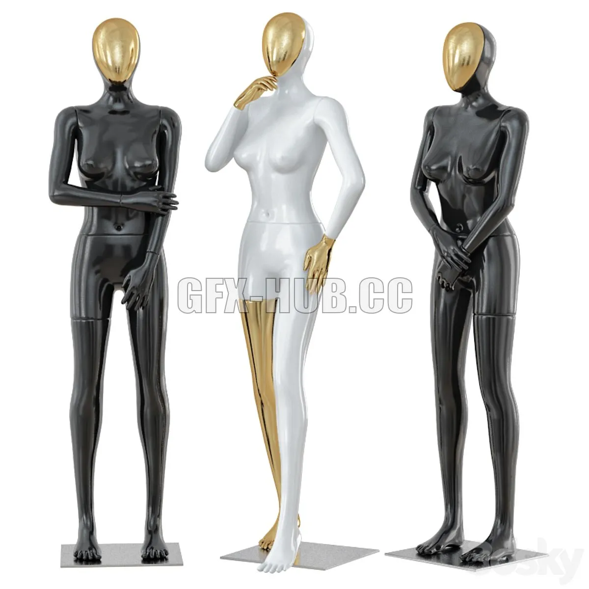 Three female mannequin with a golden face 41 3D Model