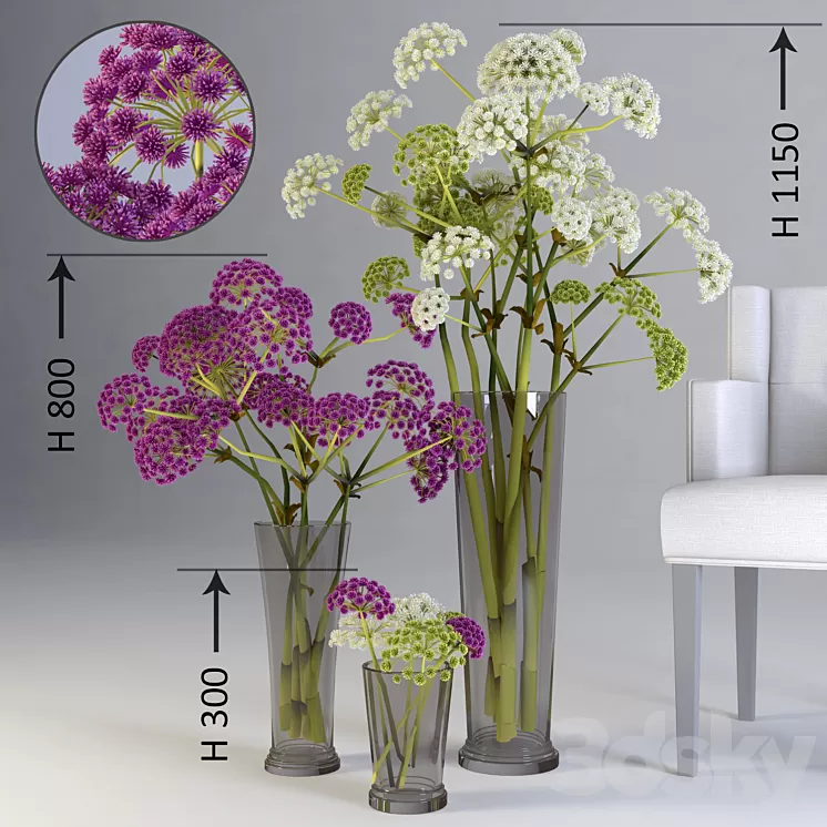 Three floral compositions of different heights 3D Model