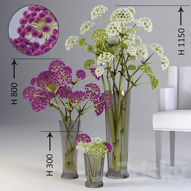 Three floral compositions of different heights 3DModel Three floral compositions of different heights 3DModel