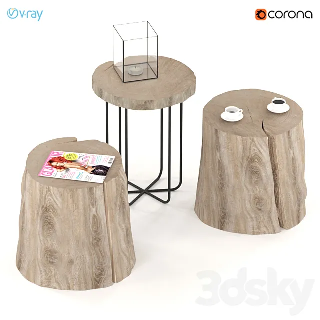 Three tables of stumps and slabs on metal legs. 3D Model Three tables of stumps and slabs on metal legs. 3D Model