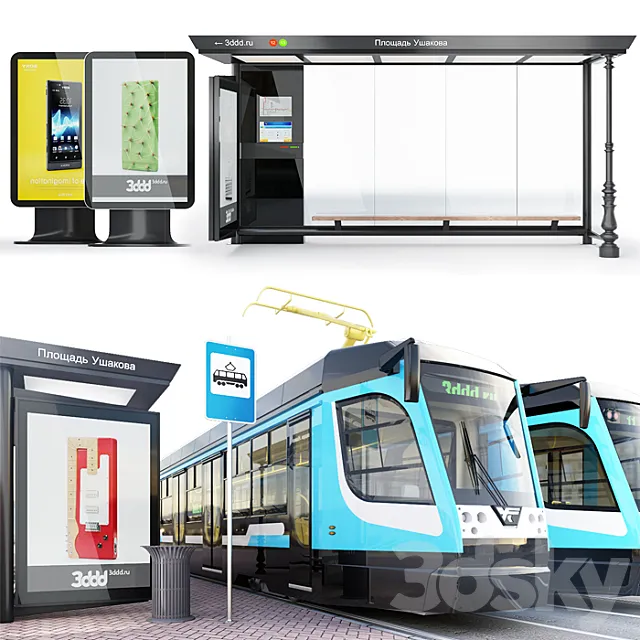 Tram car series -71-623 Russia \ Modern stop + environment. 3D Model