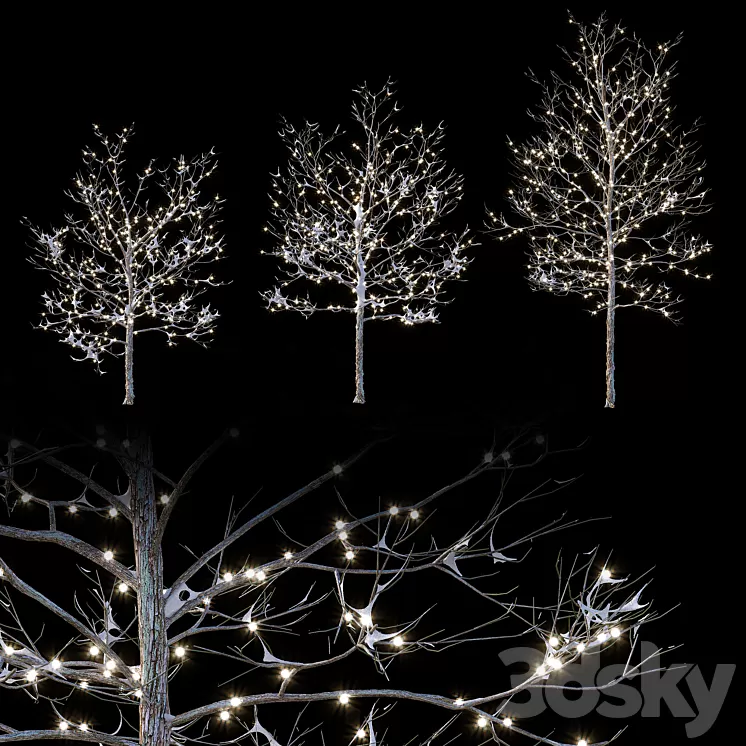 Trees in the snow with a luminous garland 3D Model