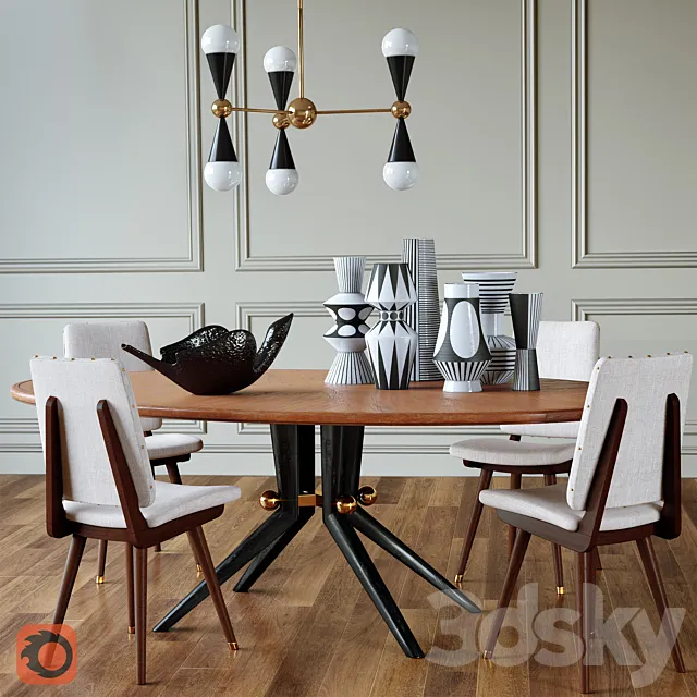 Trocadero wood dining table Camille dinning chair Caracas Six-light chandelier Vases Flying bird 3D Model