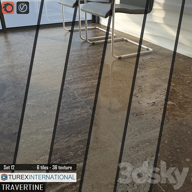 TUREX INTERNATIONAL Travertine Tiles Set of 12 3D Model TUREX INTERNATIONAL Travertine Tiles Set of 12 3D Model