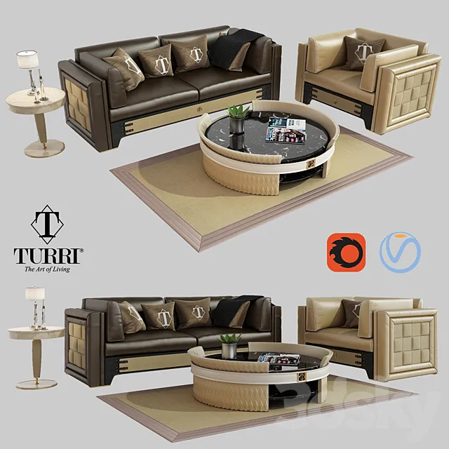 Turri NumeroTre sofa armchair and coffee table 3D Model Turri NumeroTre sofa armchair and coffee table 3D Model