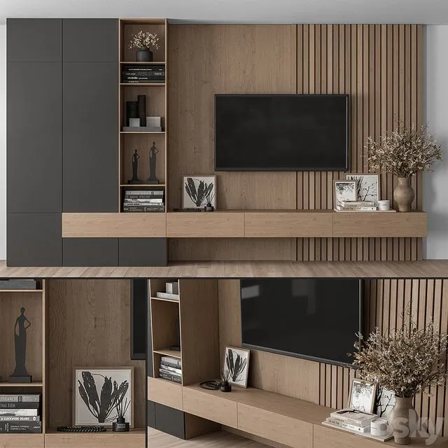 TV Wall Black and Wood Set 35 3D Model