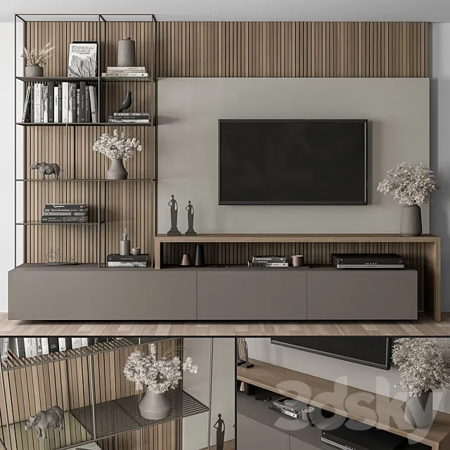 TV Wall Black and Wood – Set 36 3D Model