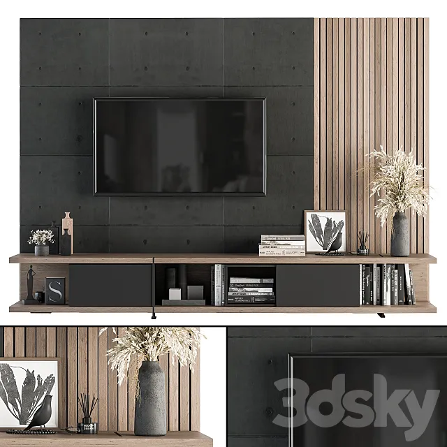 TV Wall Black Concrete and Wood – Set 10 3DModel