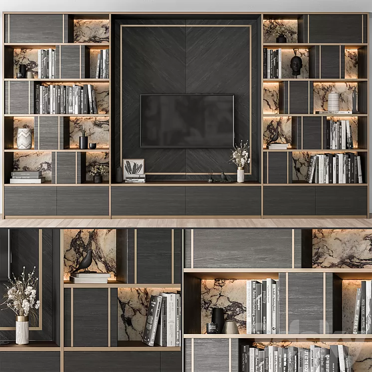 TV Wall Black Wood with Stone Slab – Set 32 3D Model Free Download