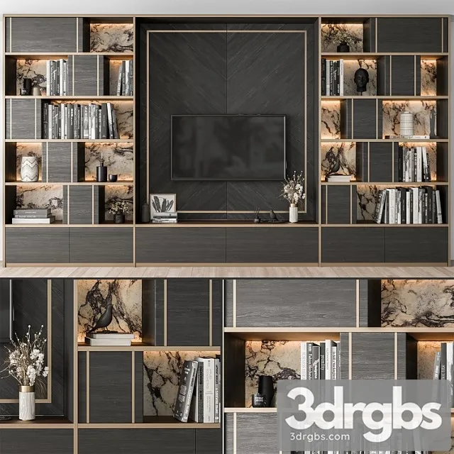 Tv wall black wood with stone slab – set 32 Tv wall black wood with stone slab – set 32