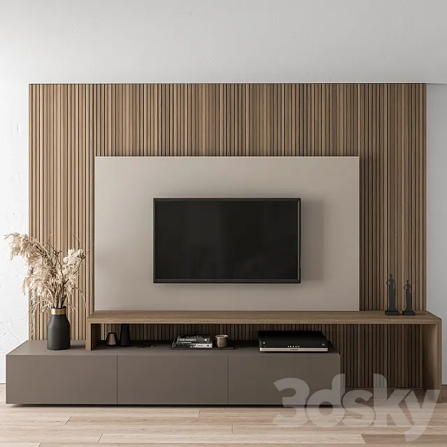 TV Wall Blackk and Wood – Set 19 3D Model