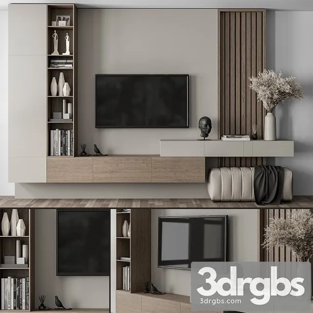 TV Wall Gray and Wood With Hallway Cabinet Set 37 3D Model Download