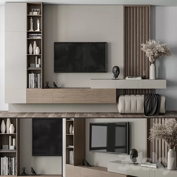 TV Wall Gray and Wood with Hallway Cabinet – Set 37 3D Model Free Download