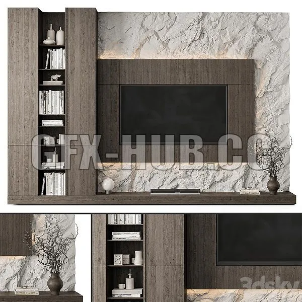 TV Wall Rock Wall and Wood Set 78 3D Model