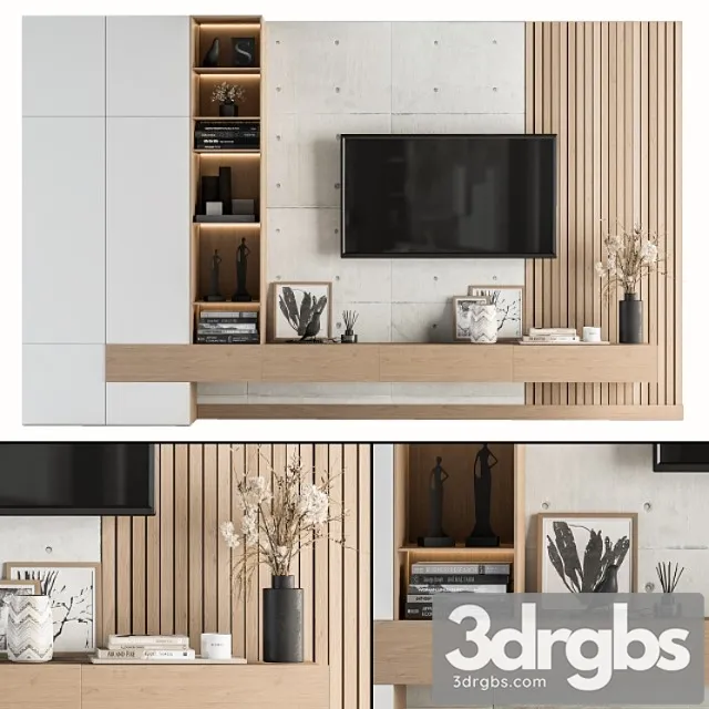 Tv wall white and wood – set 08 Tv wall white and wood – set 08