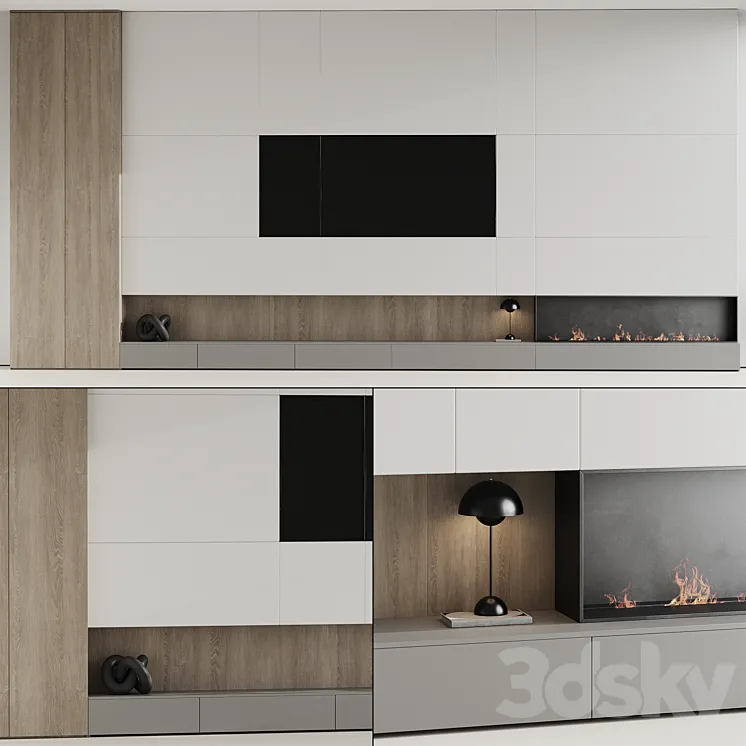 TV wall with fireplace 07 3D Model Free Download
