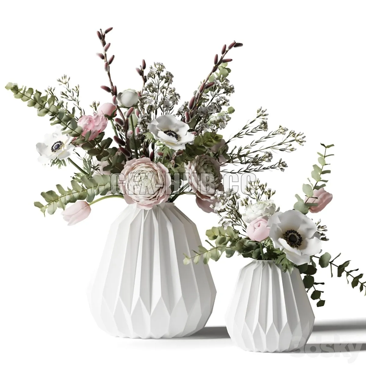 Two bouquets in white ribbed vases 3D Model Two bouquets in white ribbed vases 3D Model