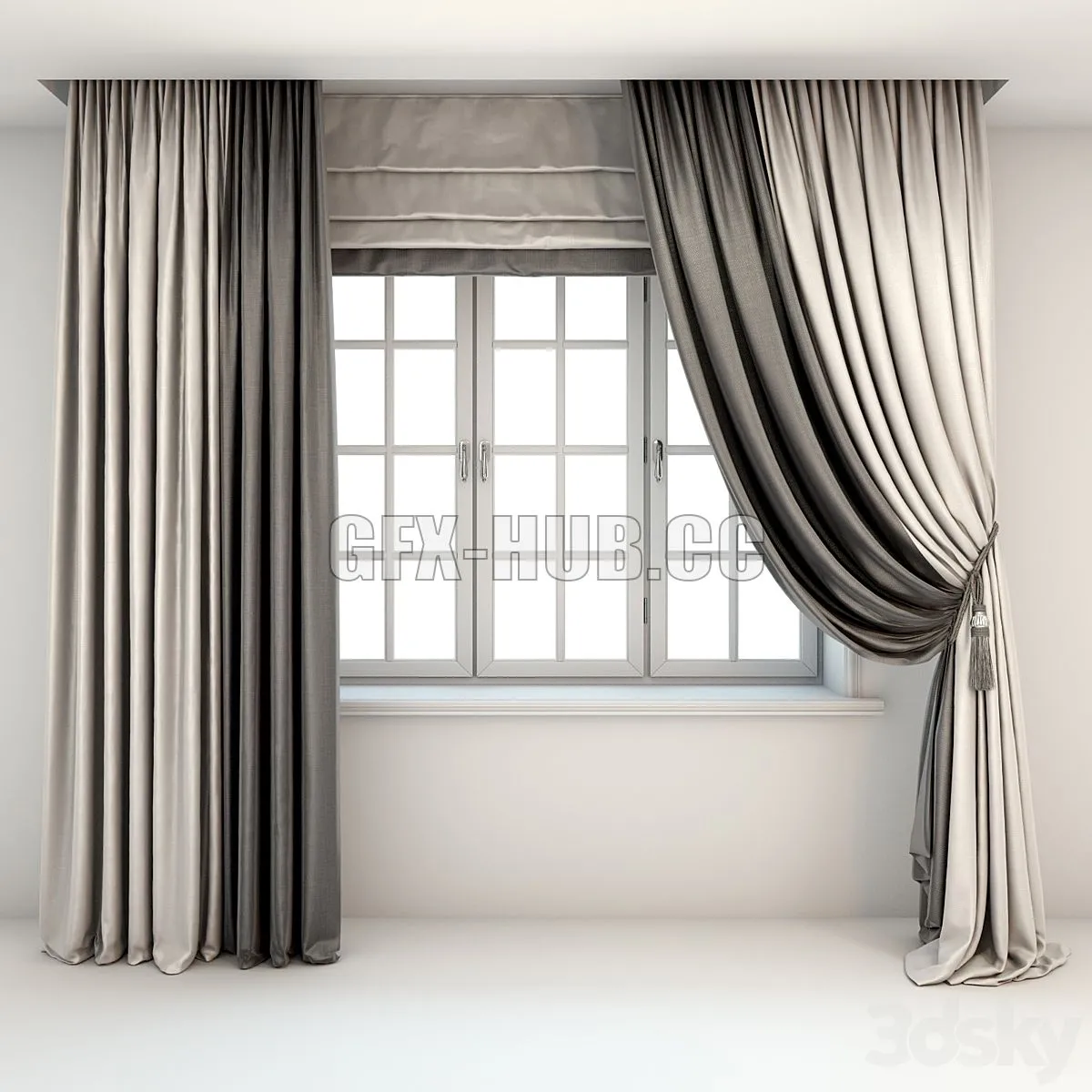 Two-color curtains the floor is straight and with a pick-up brush and Roman curtains and a window 3D Model Two-color curtains the floor is straight and with a pick-up brush and Roman curtains and a window 3D Model