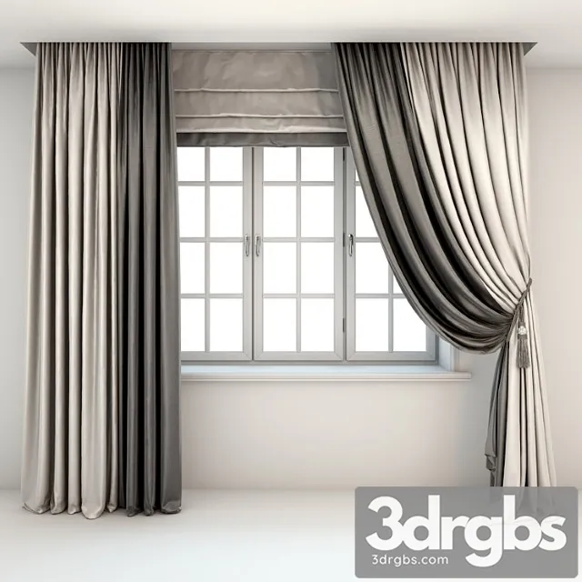 Two-color curtains the floor is straight and with a pick-up brush roman curtains and a window 3D Model Download