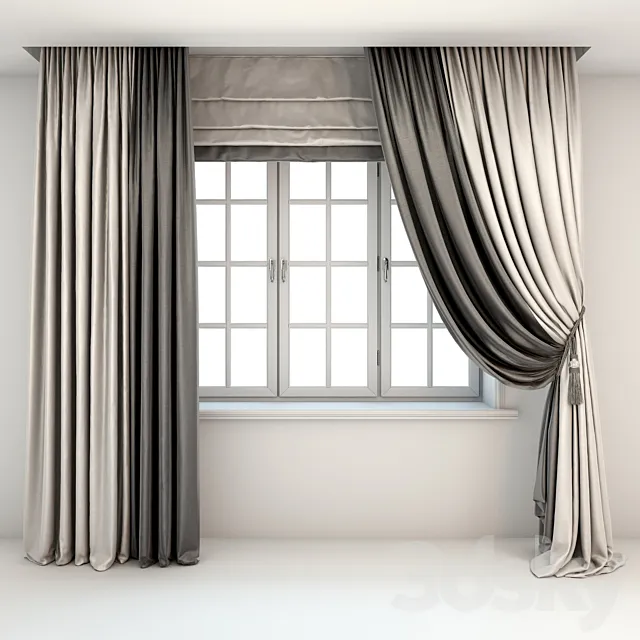 Two-color curtains the floor is straight and with a pick-up brush Roman curtains and a window 3D Model Two-color curtains the floor is straight and with a pick-up brush Roman curtains and a window 3D Model