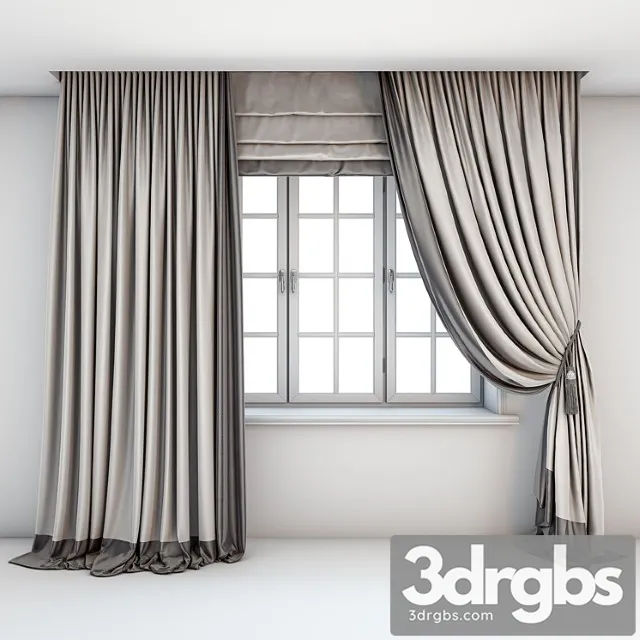 Two-color light curtains in the floor are straight and with a pick-up brush with a dark edging roman curtains and a window with layouts. 3D Model Download