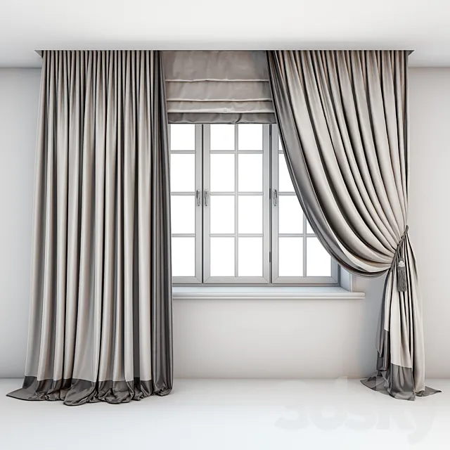 Two-color light curtains in the floor are straight and with a pick-up brush with a dark edging Roman curtains and a window with layouts. 3D Model Two-color light curtains in the floor are straight and with a pick-up brush with a dark edging Roman curtains and a window with layouts. 3D Model