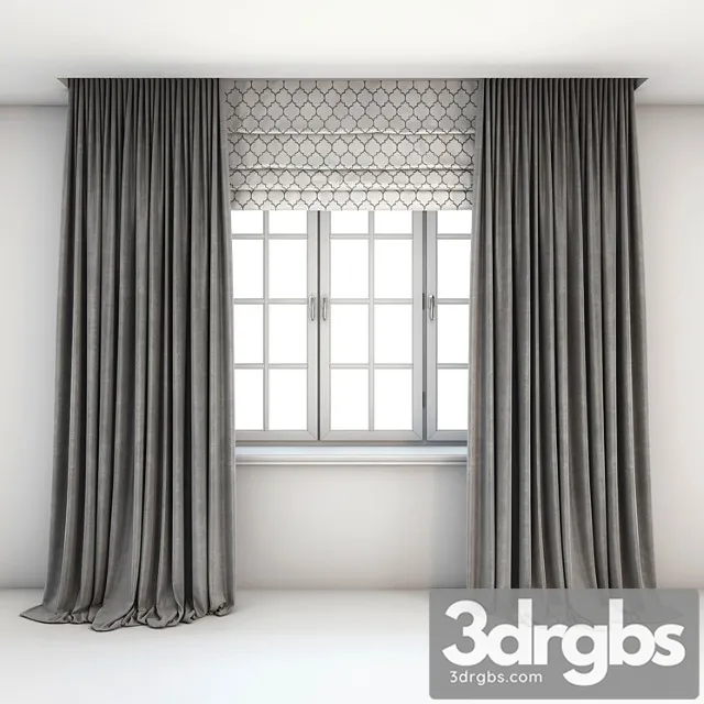 Two-color straight gray curtains in the floor roman curtains with a yarrow pattern and a window with layouts. 3D Model Download