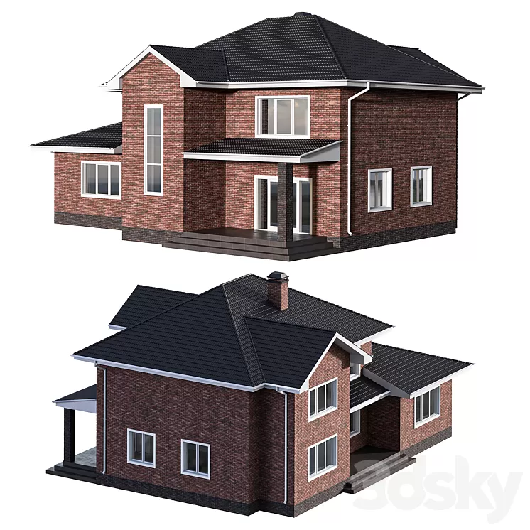 Two-storey brick house with a pitched roof 3D Model