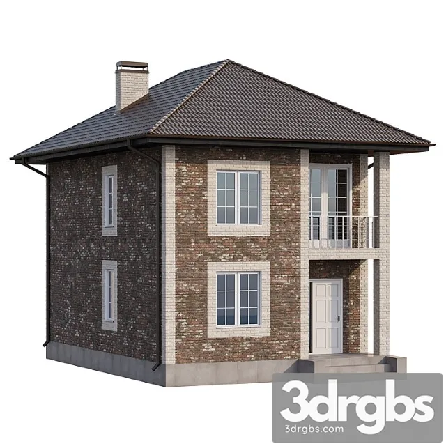 Two-storey brick house with a porch and a balcony – 4 colors 3D Model Download