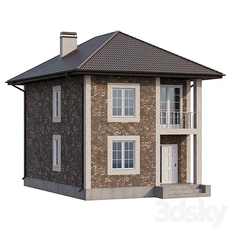 Two-storey brick house with a porch and a balcony – 4 colors 3D Model