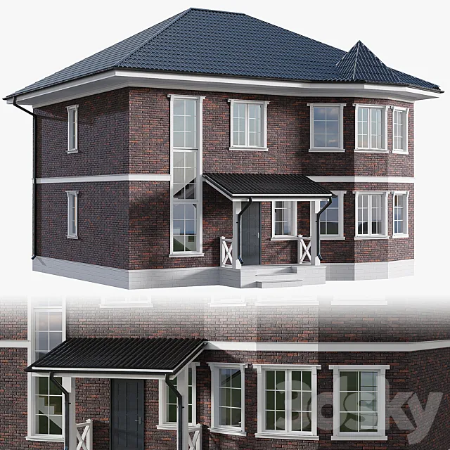 Two-storey cottage with a classical-style bay window with facade stucco molding 3D Model