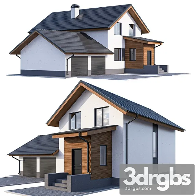 Two-storey cottage with a garage and a vestibule 3D Model Download