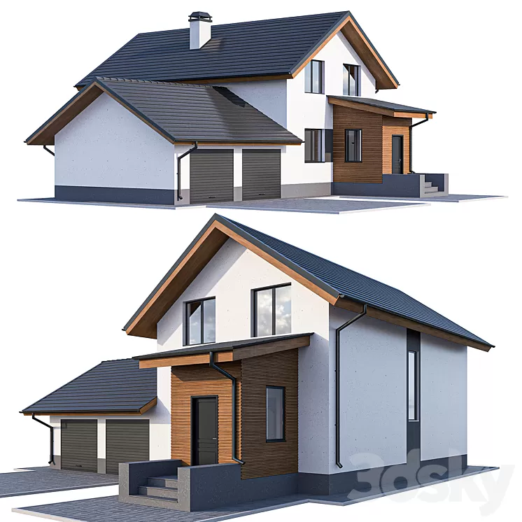 Two-storey cottage with a garage and a vestibule 3D Model