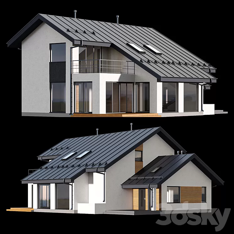 Two-storey cottage with click seam roof 3D Model