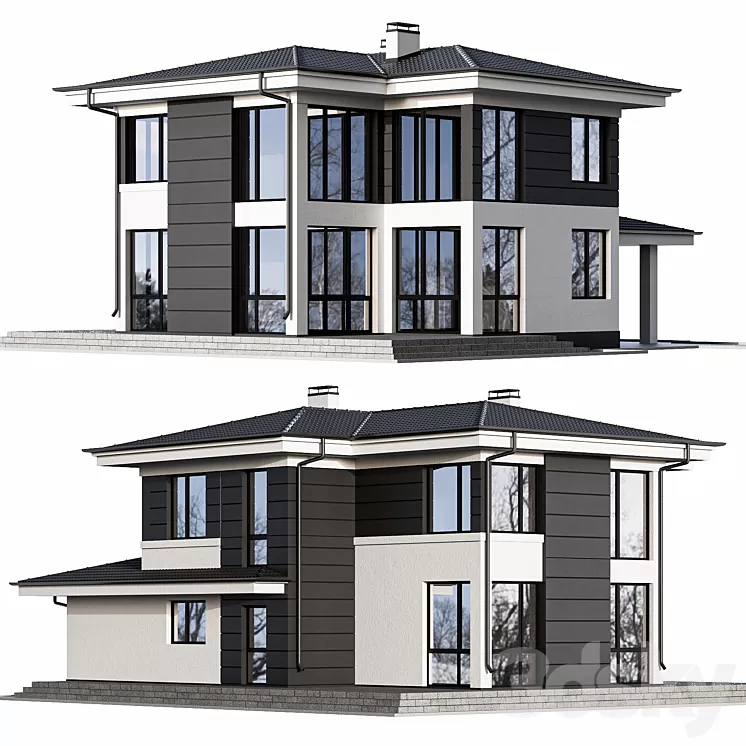 Two-storey cottage with panoramic windows 3D Model