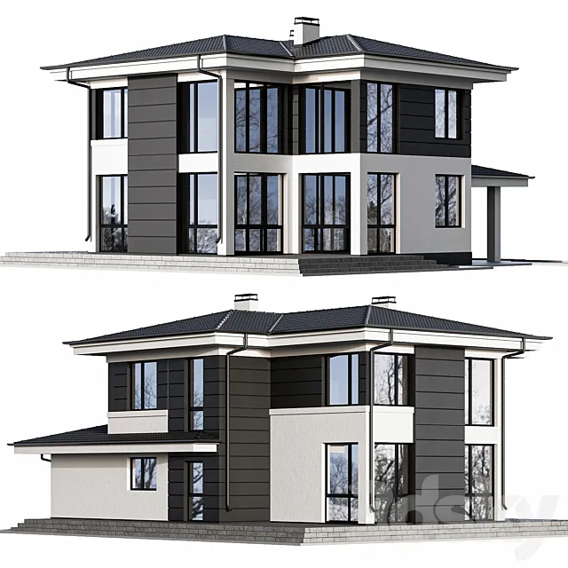 Two-storey cottage with panoramic windows 3DModel