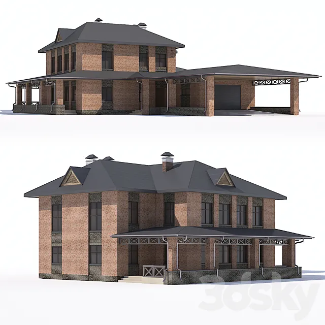 Two-storey country house with attached garage and a canopy 3D Model