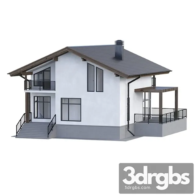 Two-storey house with a terrace 3D Model Download