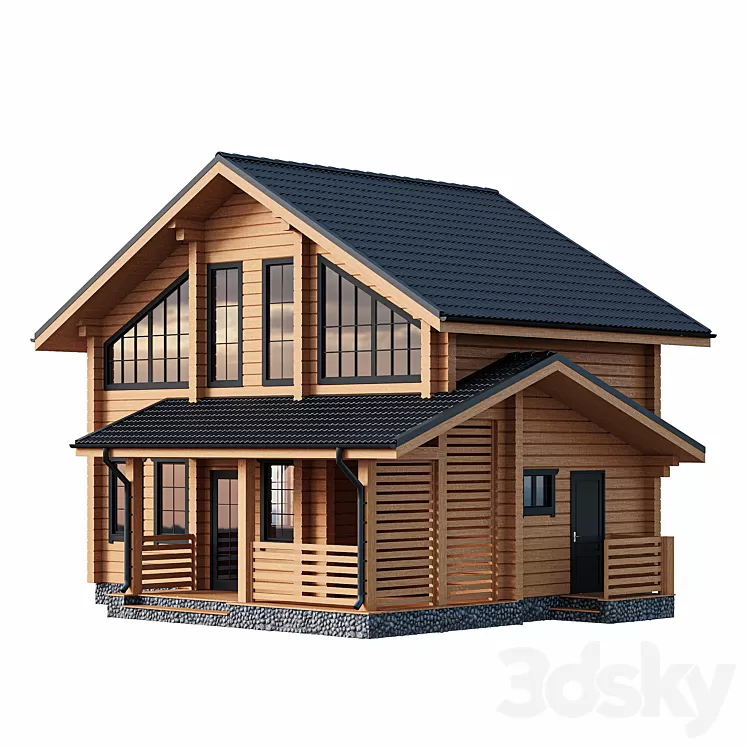 Two-storey wooden house with a porch 3D Model