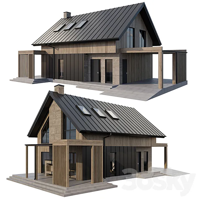 Two-story cottage with a fireplace on the terrace and a carport 3D Model