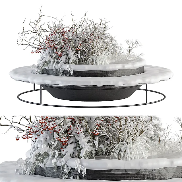 Urban Furniture snowy Bench with Plants- Set 15 3D Model Urban Furniture snowy Bench with Plants- Set 15 3D Model