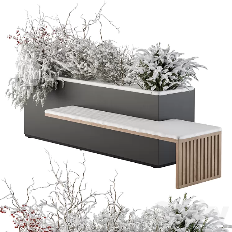 Urban Furniture snowy Bench with Plants- Set 30 3D Model Urban Furniture snowy Bench with Plants- Set 30 3D Model