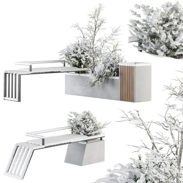 Urban Furniture snowy Bench with Plants- Set 33 3D Model Urban Furniture snowy Bench with Plants- Set 33 3D Model