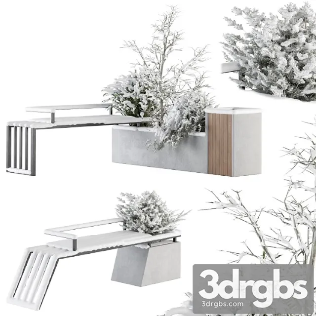 Urban Furniture Snowy Bench With Plants Set 33 3D Model Download